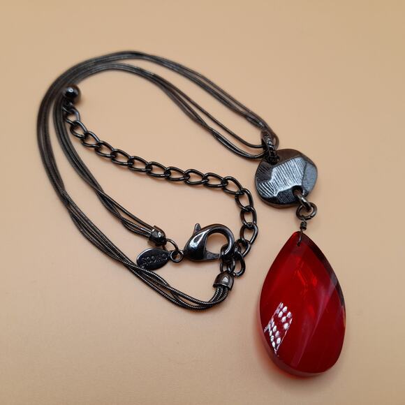 Chico's Red Glass Pendant Necklace, Snake Chains, Gunmetal Gray, 20" - Picture 11 of 11